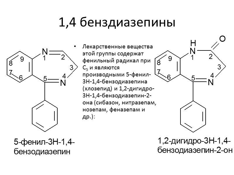 1,4 бенздиазепины Лекарственные вещества этой группы содержат фенильный ради­кал при С5 и являются производными